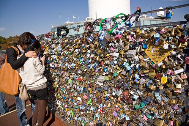 Thousands of locks of love cover the fences on the outdoor observation decks on N Seoul Tower in Seoul, South Korea.