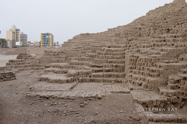 Huaca Pucllana, an adobe pyramid in the middle of Lima. Lima, Peru