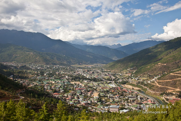 The city of Thimphu sits in the Wang Chhu river valley. Bhutan.