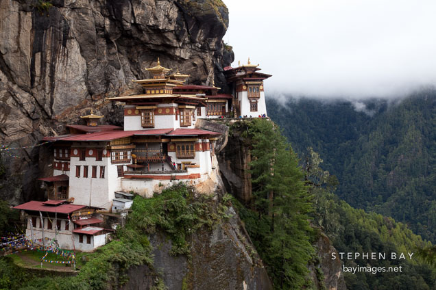 Taktshang Goemba is located high up on the cliff walls of Paro Valley, Bhutan.