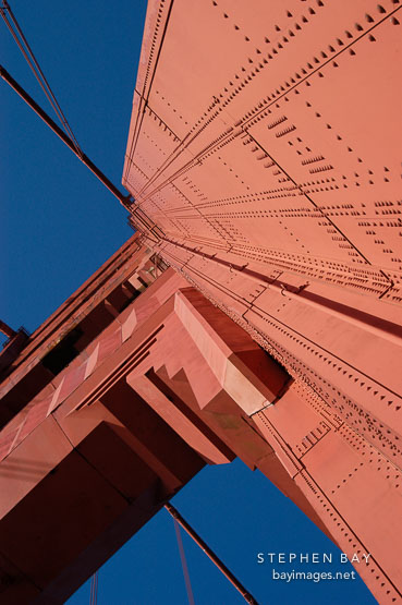 Looking straight up at the South tower. Golden Gate Bridge, San Francisco, California.