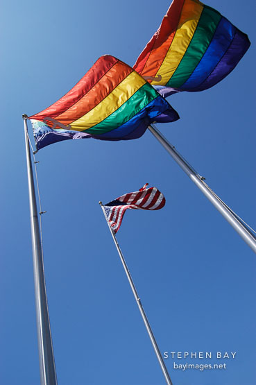 Gay pride rainbow flags. West Hollywood, California, USA.