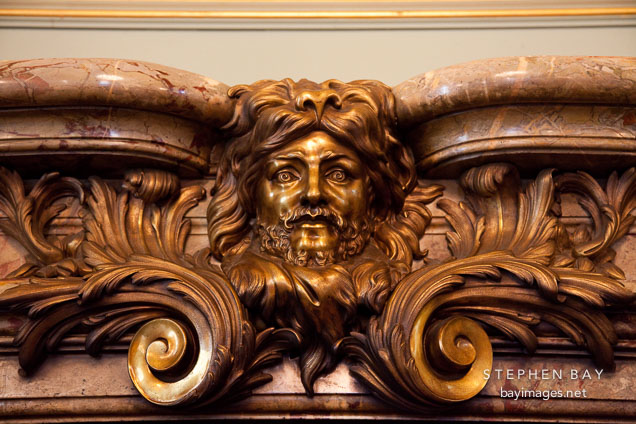 Head of Hercules carved into fireplace mantle. Filoli Garden Ballrom.