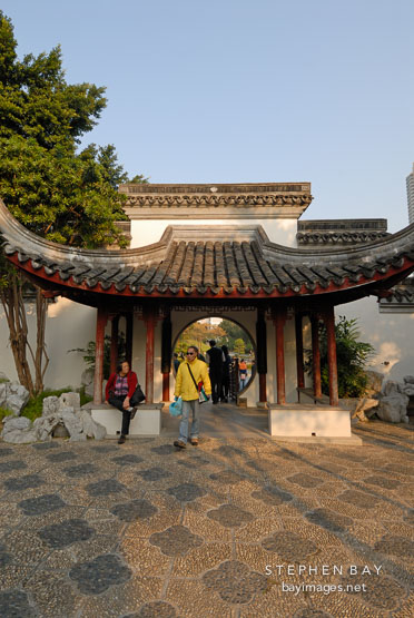 Gateway from Guibi to Fui Sing Pavilion. Kowloon walled city park. Hong Kong.