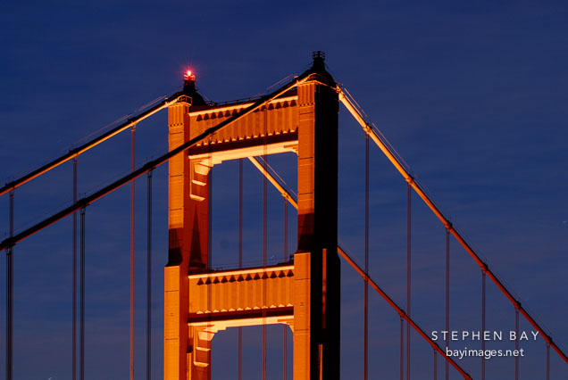 North tower of the Golden Gate Bridge at night. San Francisco, California, USA.