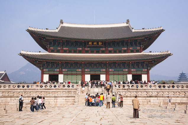 Tourists flock to Geunjeong Hall, which is the throne hall of Gyeongbok Palace in Seoul, South Korea.