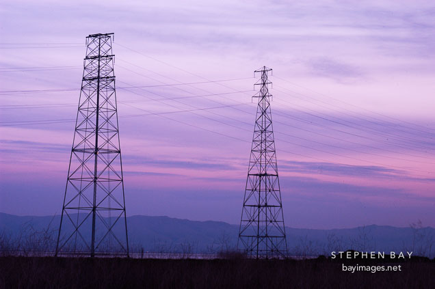 Electricity transmission towers. Palo Alto Baylands Nature Preserve, California.