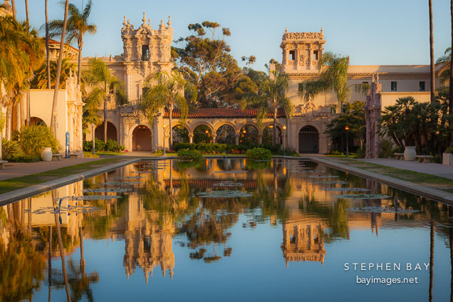 Reflecting pool and Romaneque colonnade. Balboa Park, San Diego.