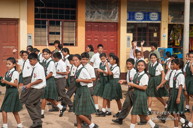 School children practicing marching for Independence Day. Puerto Maldonado, Peru.