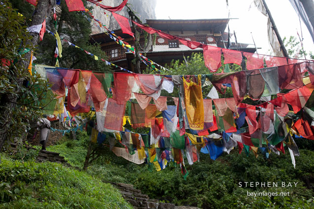 Prayer flags at the entrance to Taktshang. Paro, Bhutan.