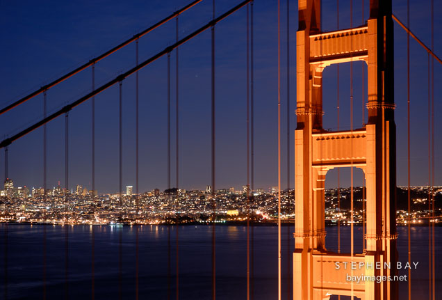 North tower and suspension cables of the Golden Gate Bridge. San Francisco, California, USA.