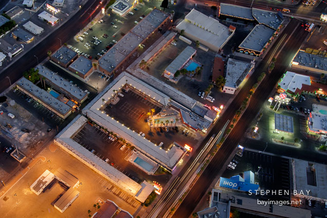 Night aerial view of buildings in Las Vegas. Nevada, USA.
