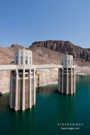 Lake Mead and intake towers. Hoover Dam, Nevada and Arizona, USA.
