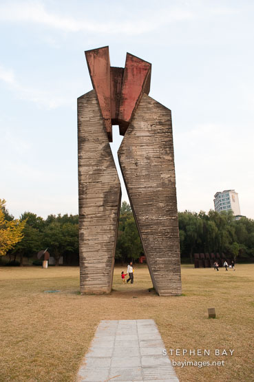 The Pillars of the Sky, by artist Josep Maria Subirachs of Spain, is part of the Sculpture Garden of the Soma Museum of Art at Olympic Park in Seoul, South Korea.