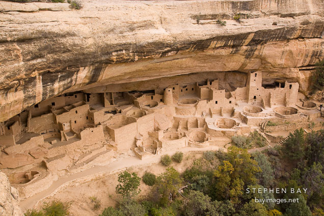 Cliff Palace is built in an alcove in a sandstone cliff. Mesa Verde NP, Colorado.