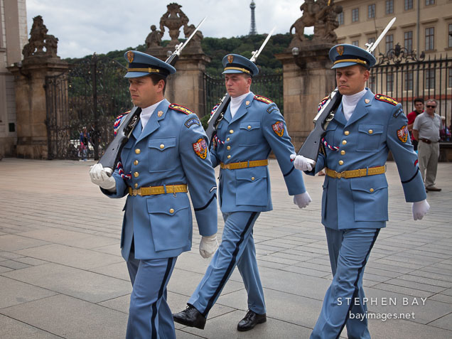 Marching soldiers of the Prague Castle Guard. Prague, Czech Republic.