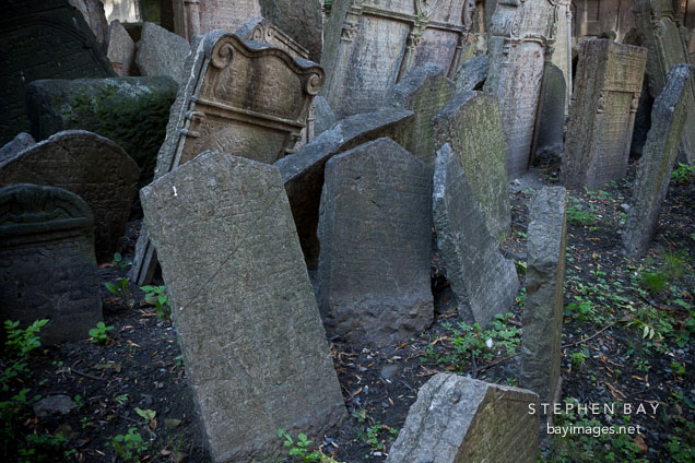Gravestones jumbled together in the Jewish Cemetery. Prague, Czech Republic.