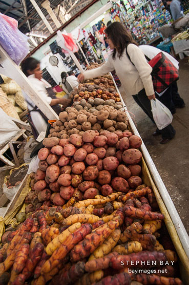 Potatoes for sale in the central market. Cusco, Peru.