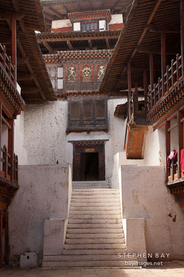 Stairs leading the the temple section of Wangdue Dzong. Wangdue, Bhutan.