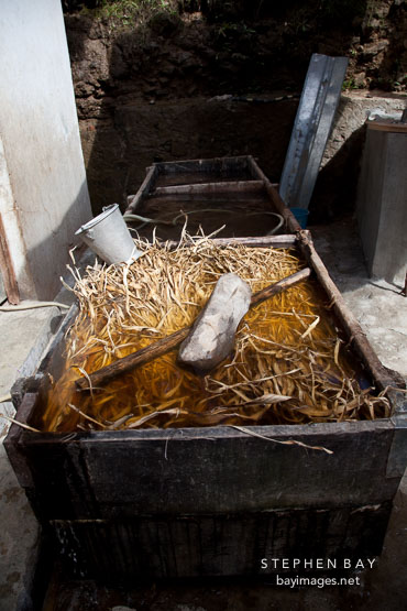 Daphne bark fibers soaking in a vat. Jungshi Handmade Paper Factory, Thimphu, Bhutan.