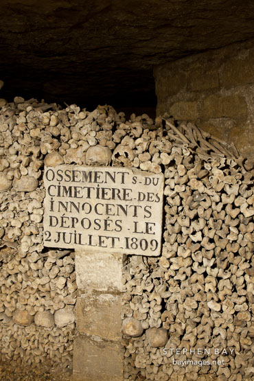 Bones deposited in the cemetery in 1809. Paris catacombs, France.