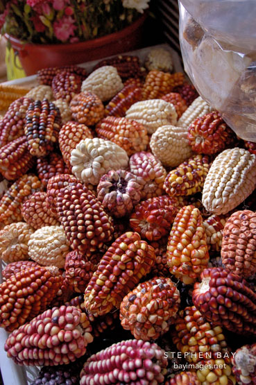 Basket of corn. Central market. Cusco, Peru.