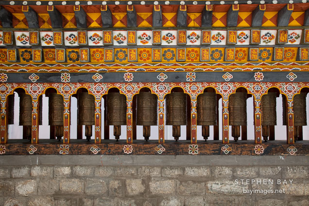 Prayer wheels in the town square of Thimphu.