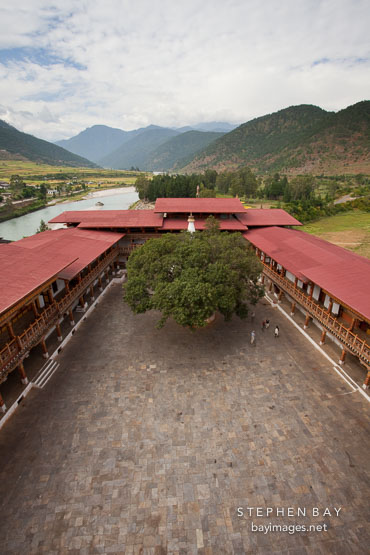 First courtyard of the Punakha Dzong as viewed from the top of the central tower.