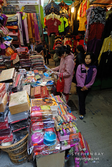 Clothing and accessory stores on Li Yuen Street. Hong Kong, China.