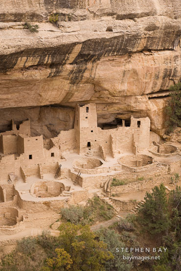 Kivas and a four story tower. Cliff Palace, Mesa Verde, Colorado.