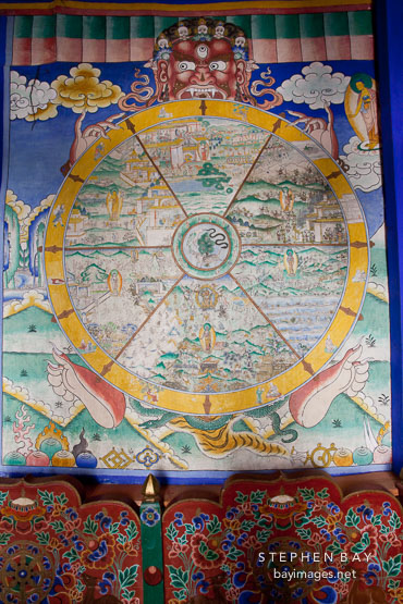 Painting of the Wheel of Life (Sipa Khorlo) at Wangdue Dzong. Wangdue, Bhutan.