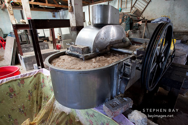 Machine for beating mulberry bark fibers at the  Jungshi Handmade Paper Factory. Thimphu, Bhutan.