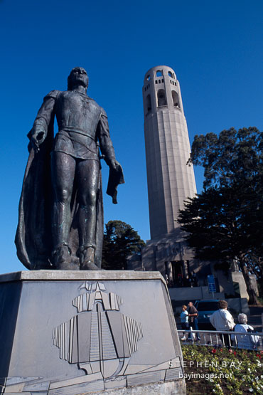 Statue of Christopher Columbus and Coit Tower. San Francisco, California, USA.