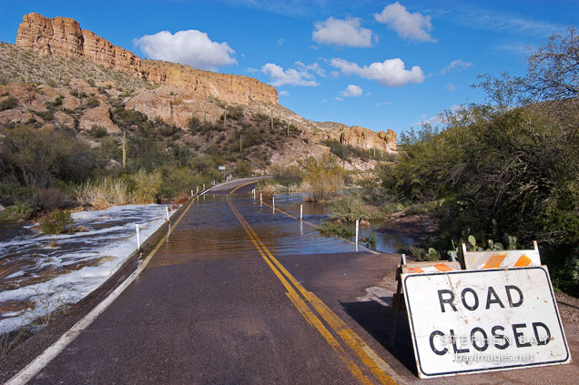 Road closure because of flooding. Tortilla Flat. Arizona, USA