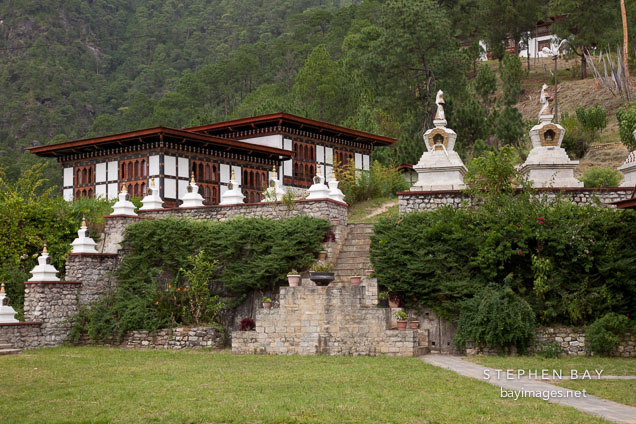 Small chortens surround the grounds at Khamsum Yuelley Memorial Chorten. Punakha Valley, Bhutan.