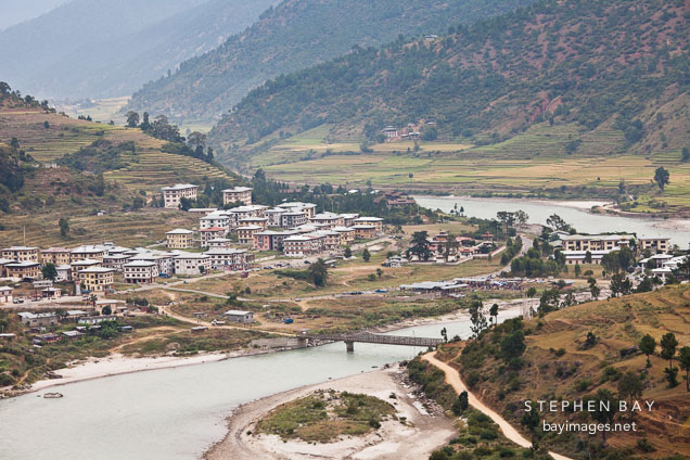 Town of Punakha by the Mo Chhu river. Punakha, Bhutan.