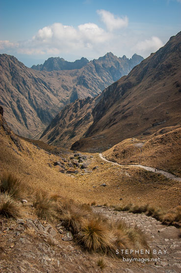 Inca trail looking north-west from Warmiwanusca. Inca trail, Peru.