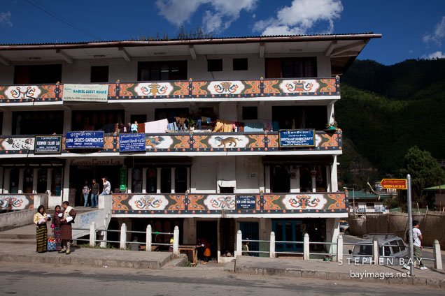 Building with stores on Norzin Lam. Thimphu, Bhutan.