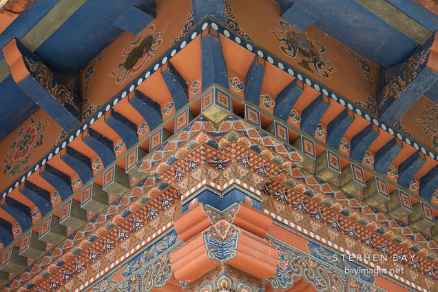 Architectural detail of the roof structure of the Khamsum Yuelley Namgyal Chorten. Punakha Valley, Bhutan.
