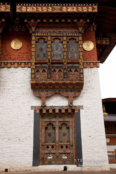 Interior walls of the southern courtyard at Punakha Dzong. Punakha, Bhutan.
