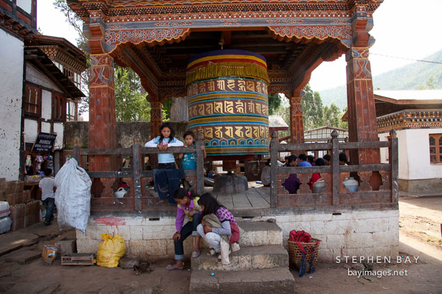 Prayer wheel near the center of Wangdue Phodrang, Bhutan.