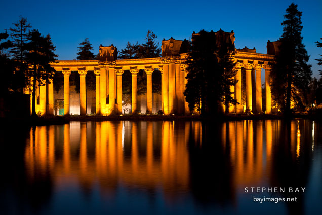 Colonnades at night. Palace of Fine Arts, San Francisco, California.