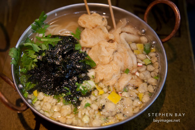 Odeng guksu is a fish cake soup with noodles served in Korea.