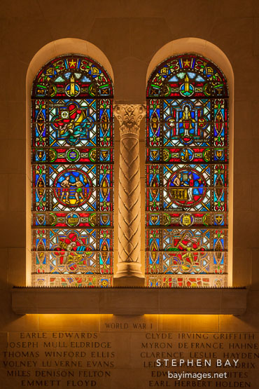 Stained glass in Gold Star Hall. Memorial Union, Iowa State University