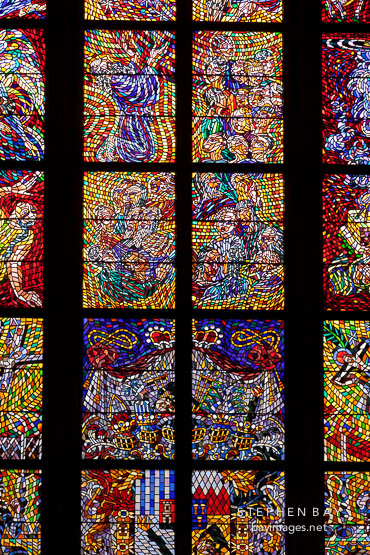 Stained glass in St Vitus Cathedral. Prague, Czech Republic.