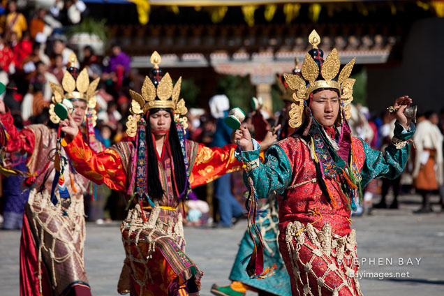 Dance of the sixteen fairies. Thimphu tsechu, Bhutan.