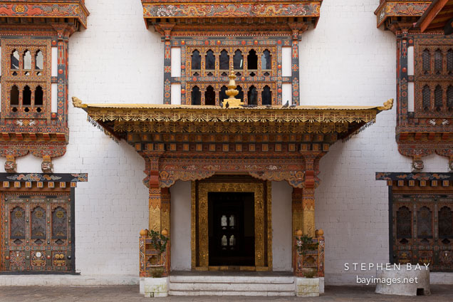 Entrance to Machey Lhakhang in Punakha Dzong. Punakha, Bhutan.