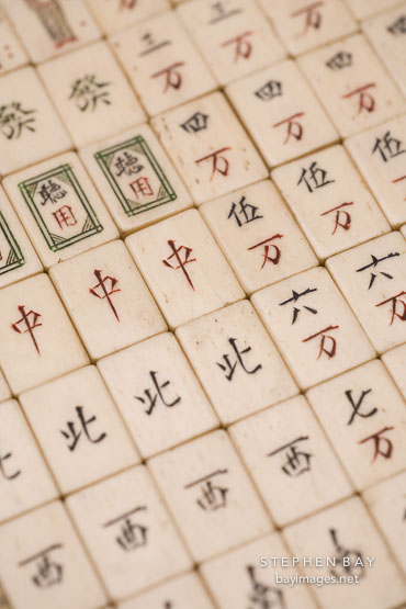 Close-up of Mahjong tiles.