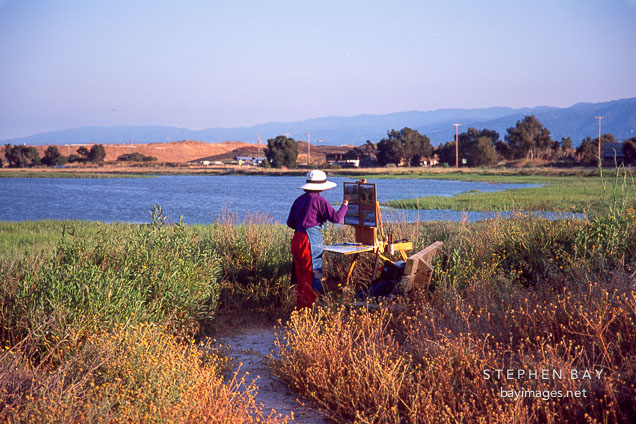 Woman painting. Palo Alto Baylands, California, USA.
