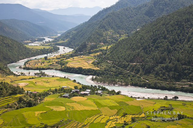 The Mo Chhu river in Punakha Valley, Bhutan.